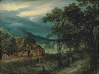 Waldlandschaft mit Reisenden auf einem Weg bei einem Dorf